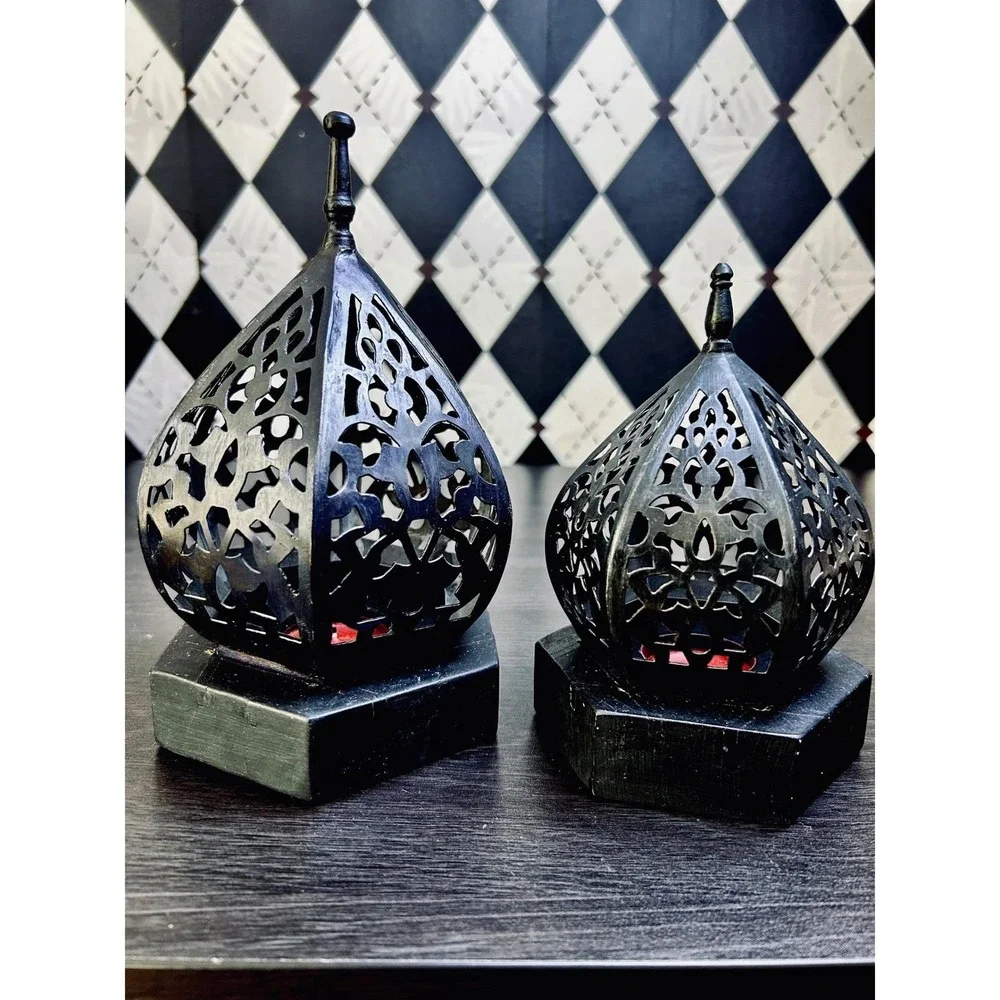 Moroccan Lantern Candleholders Black‎ Pierced Metal Decor Pair